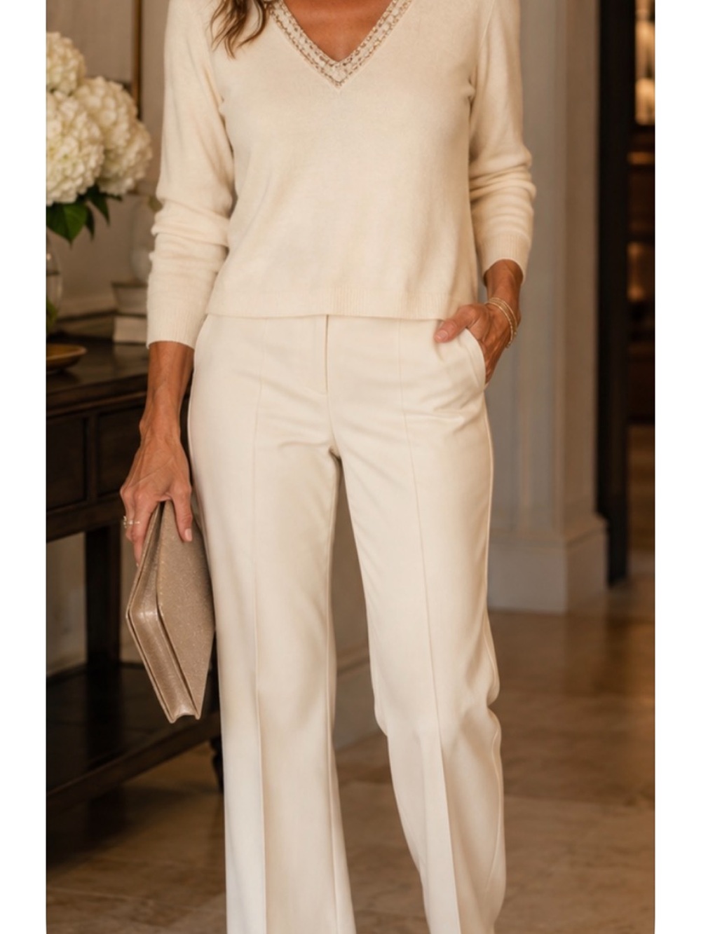 Jones New York Cream Sequin Bead trimmed Sweater